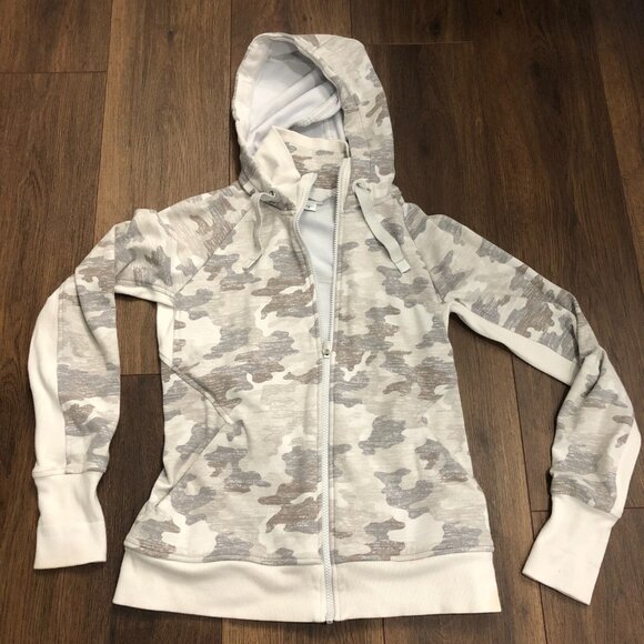 Athleta Triumph Printed Hoodie Jacket Full Zip Grey Gypsum Camo Size Small - Picture 1 of 9